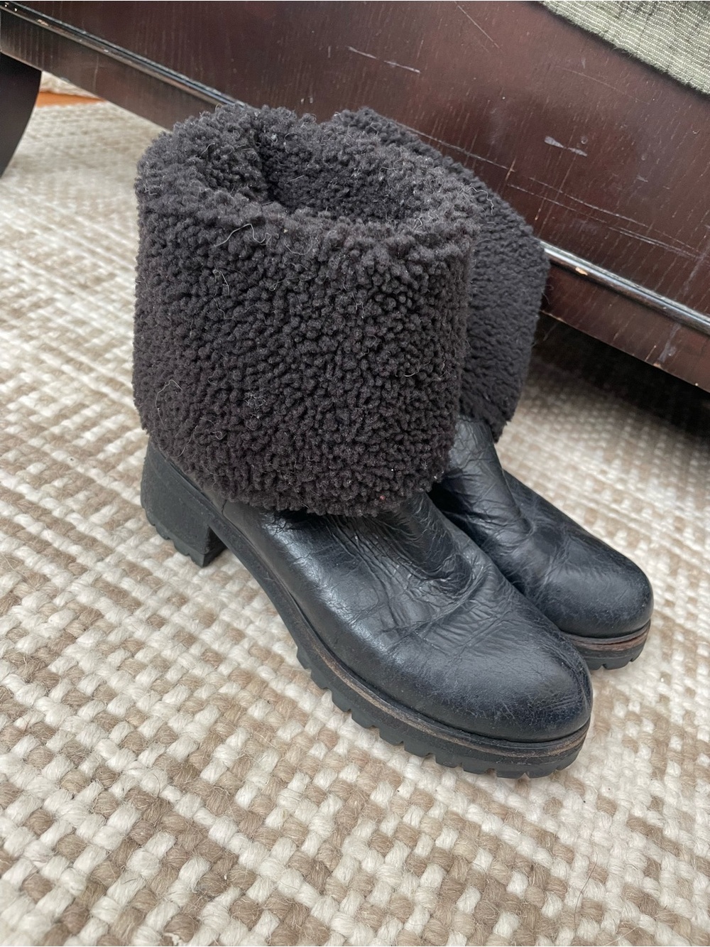 Prada Women's Black Shearling Cuff Leather Ankle Boots